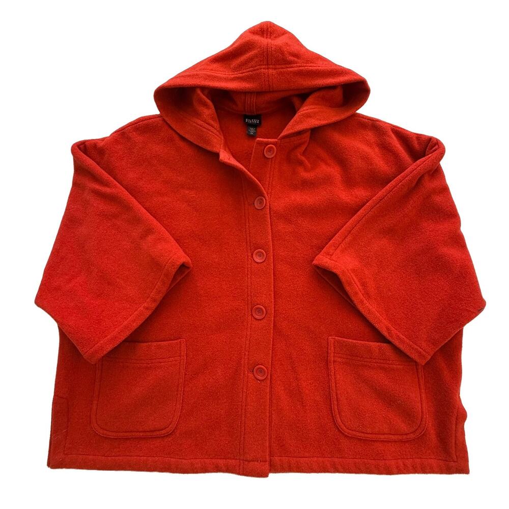 EILEEN FISHER Tangelo Orange 100% Wool Melton Hooded Jacket PM Petite Medium
